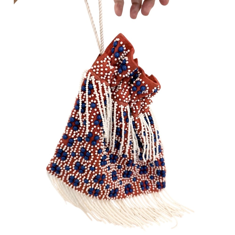 Archival STAUD PR Sample Showroom Lance  Canvas Beaded Fringe Drawstring Pouch